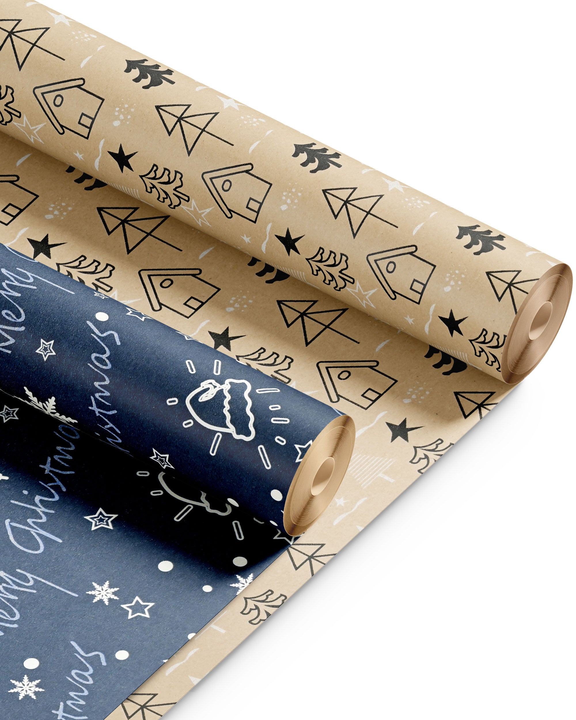 Kraft & Co 2 Pack Christmas Wrapping Paper Roll - Festive Designed Recyclable Kraft Paper, Perfect for Holiday Gifts, Arts & Crafts-Wrapping for a Merry Christmas (44.5cm x 25m)