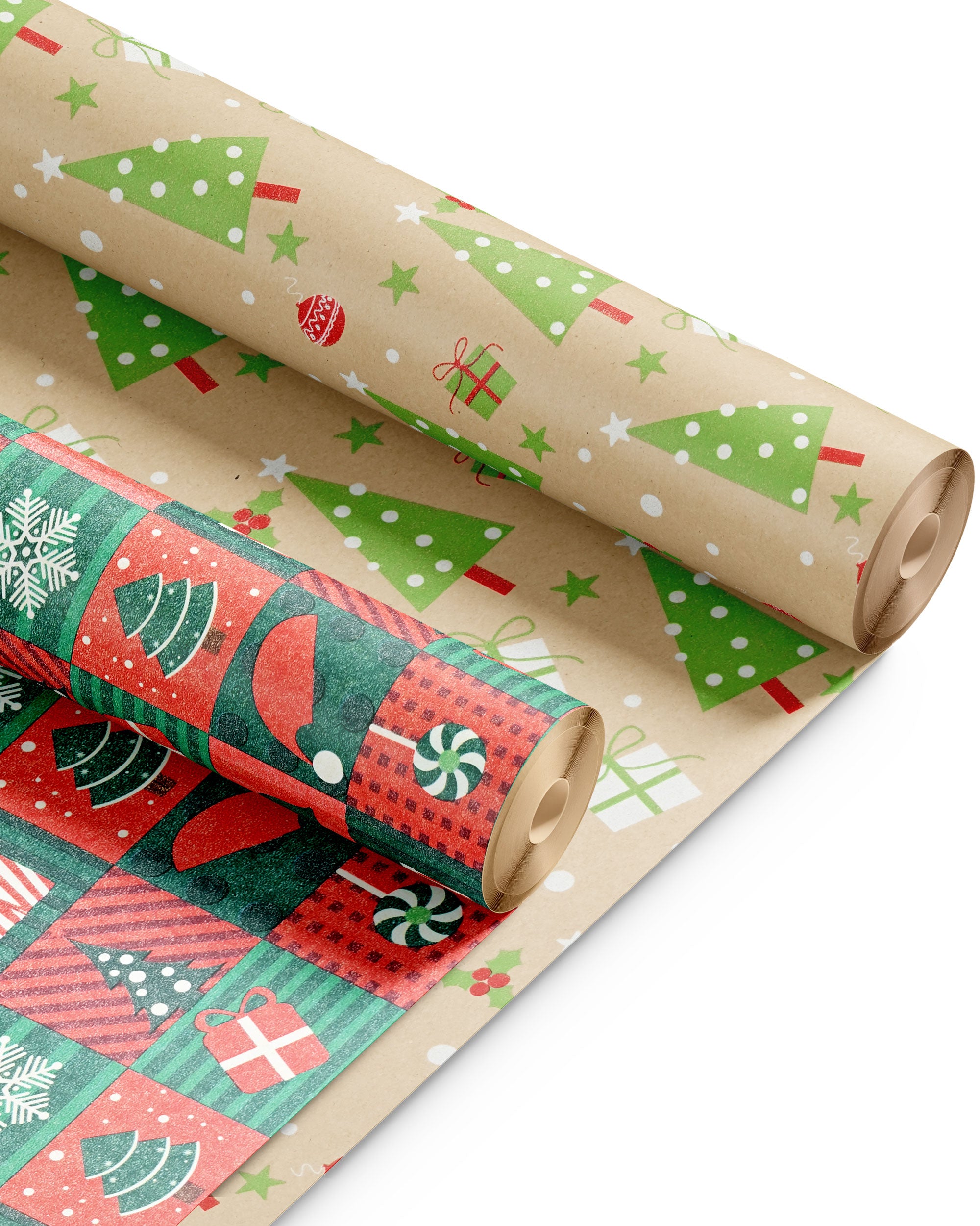 Kraft & Co 2 Pack Christmas Wrapping Paper Roll - Festive Designed Recyclable Kraft Paper, Perfect for Holiday Gifts, Arts & Crafts-Wrapping for a Merry Christmas (44.5cm x 25m)