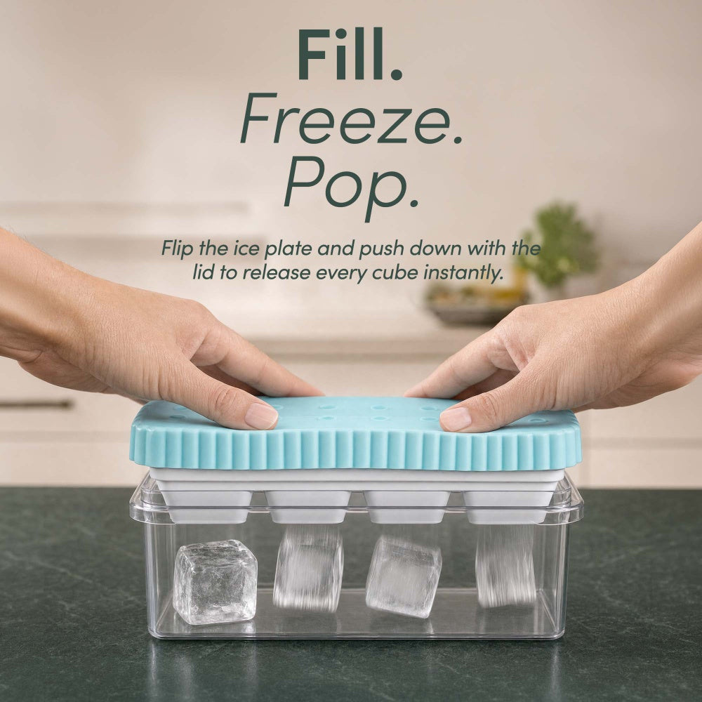 Hands pressing the lid down on the ice tray to release four large cubes into the clear bin