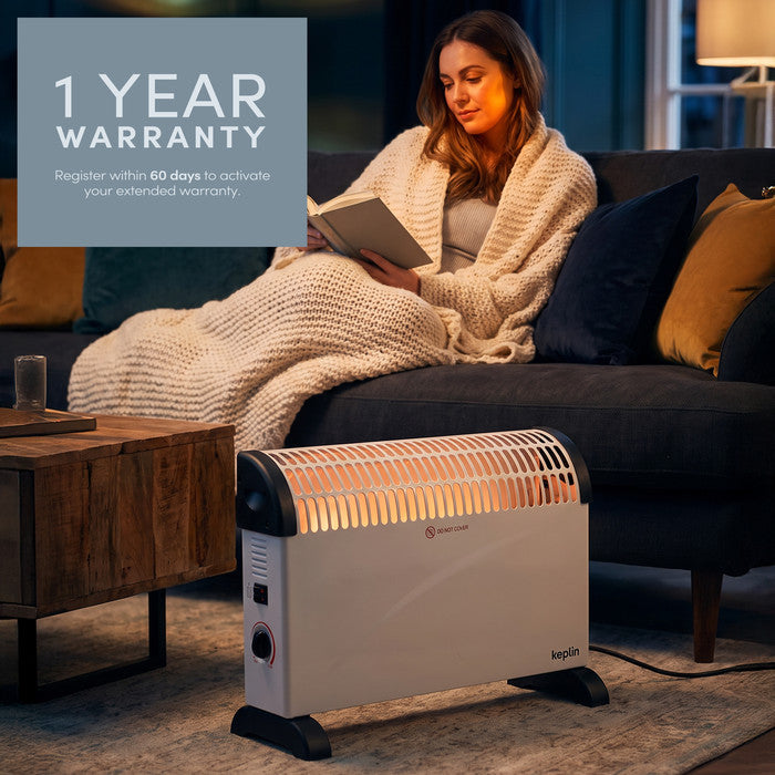 White convector heater with 1-year warranty registration callout in living room