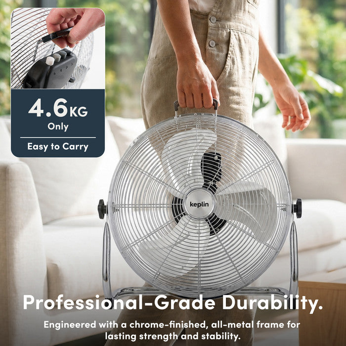 Chrome 16 inch floor fan 120W motor detail close-up