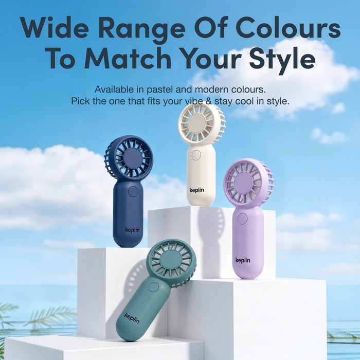KEPLIN mini handheld fan available in Blue Cream Ocean Haze and Lavender – USB rechargeable pocket fan