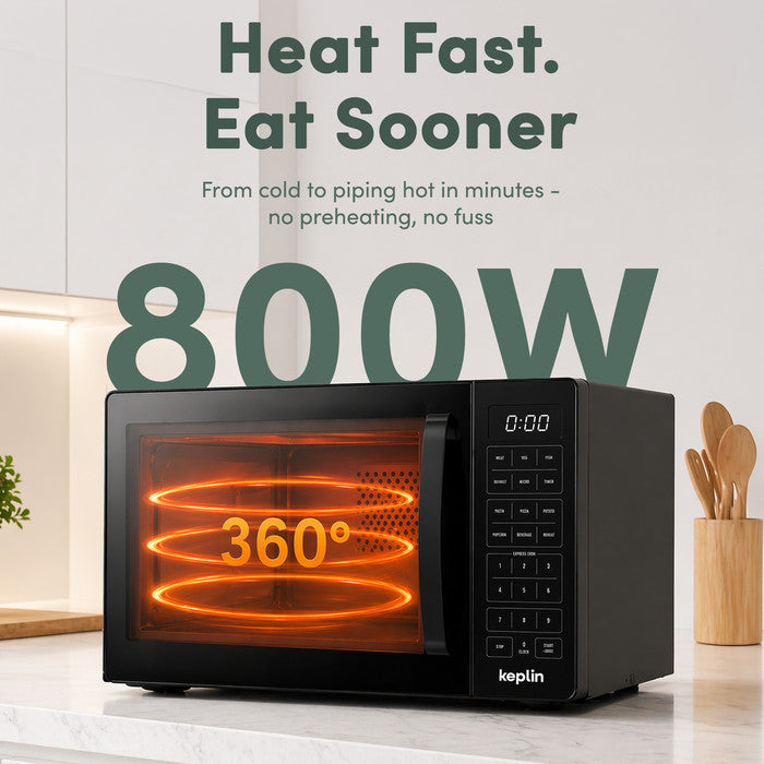 Black 800W microwave oven on kitchen counter – 360° heating infographic