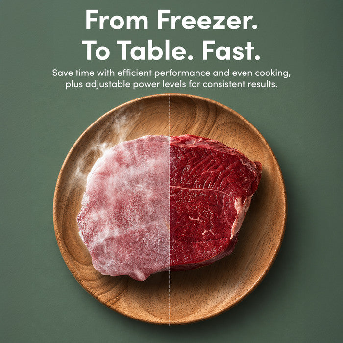 Auto defrost function – meat shown frozen and defrosted side by side