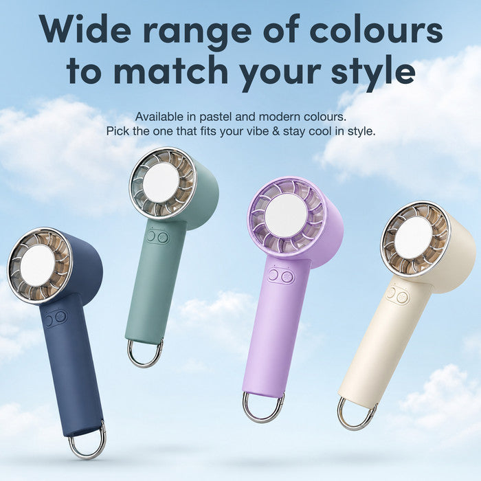 Portable handheld fan available in 4 colours – midnight blue, haze, lavender and cream