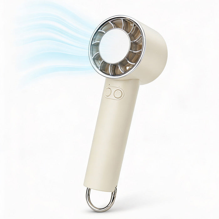 Cream rechargeable handheld fan standing upright on white background