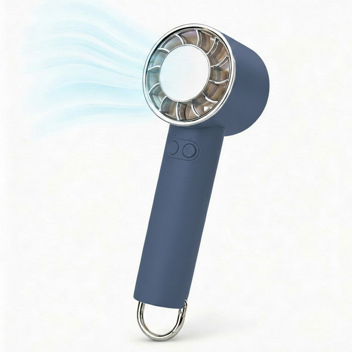 Midnight blue rechargeable handheld fan standing upright on white background