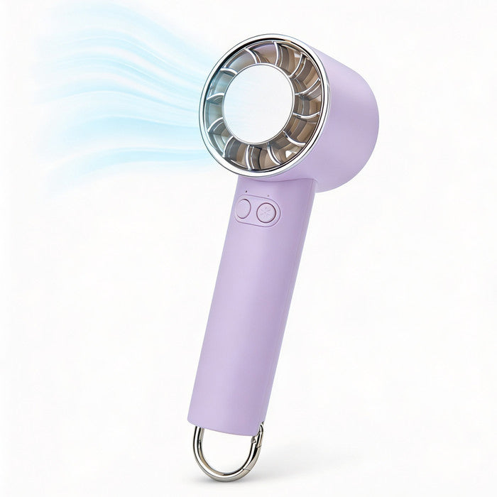 Lavender rechargeable handheld fan standing upright on white background