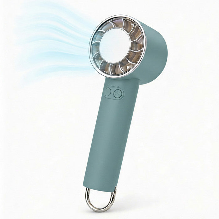 Haze green rechargeable handheld fan standing upright on white background
