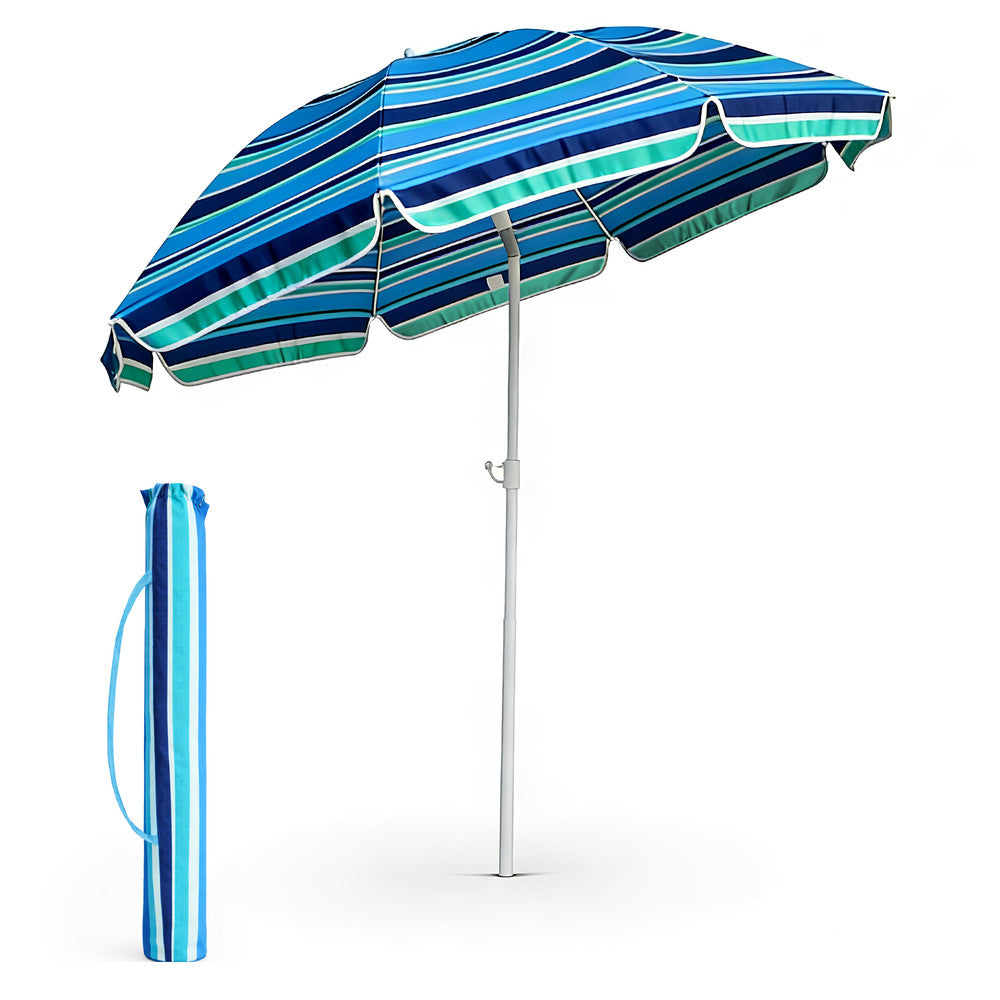 Compact beach umbrella with carrying bag stripe – portable 1.6m Voyager sun parasol for travel and holidays, UK