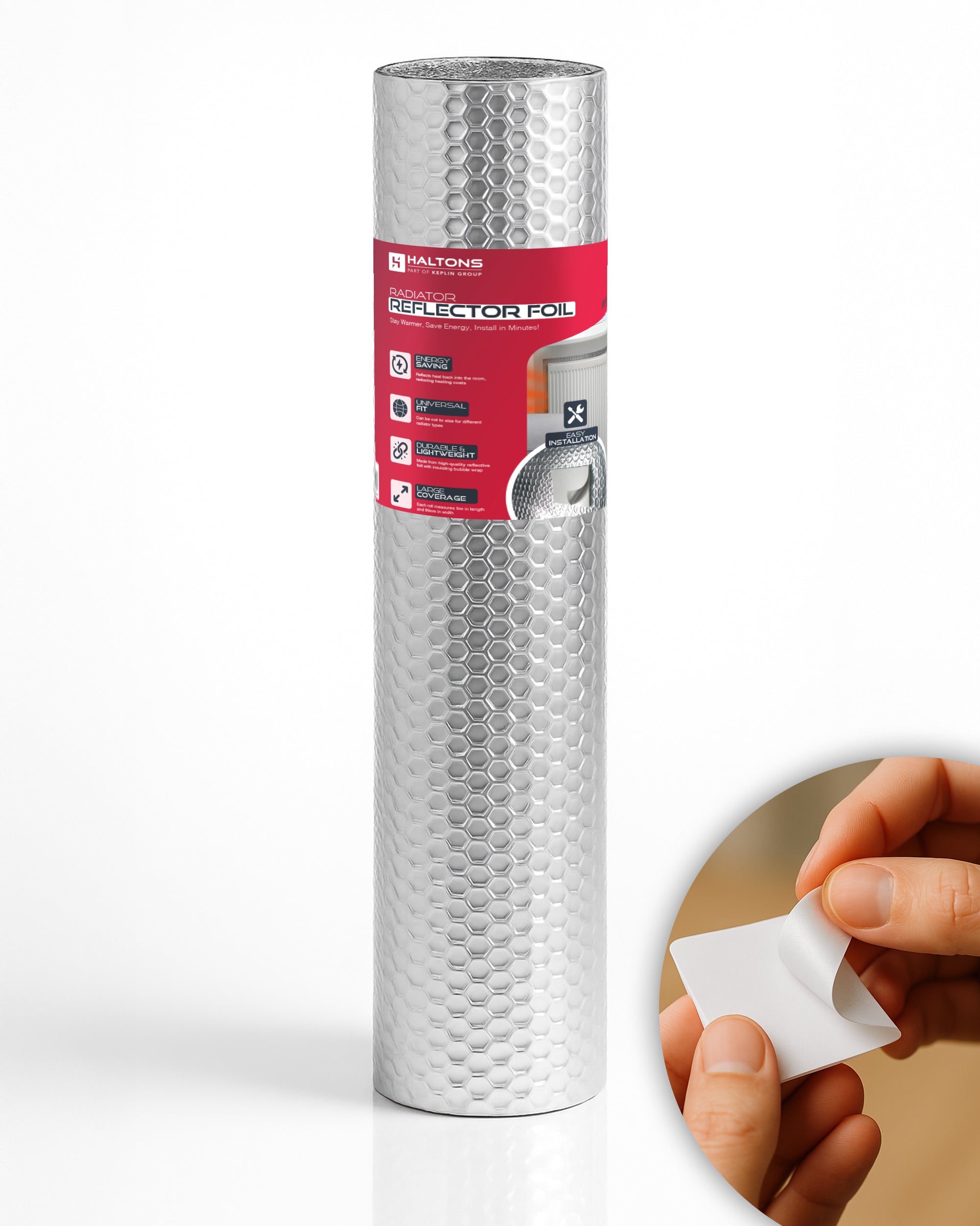 Haltons Reflective Radiator Foil 5m x 60cm – Energy Saving Insulation with 3M Self-Adhesive Pads – Easy to Install, Cut to Size – Reduce Heat Loss & Lower Bills – Covers 3+ Radiators – Thermal Barrier