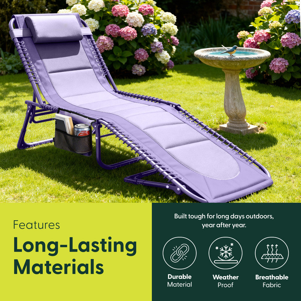 KEPLIN Foldable Sun Lounger Chair - Outdoor Garden Recliner with Color Block Design, 4 Position Adjustable Backrest, Padded 600D Oxford Fabric, Portable Patio Camping Deck Chair 110kg