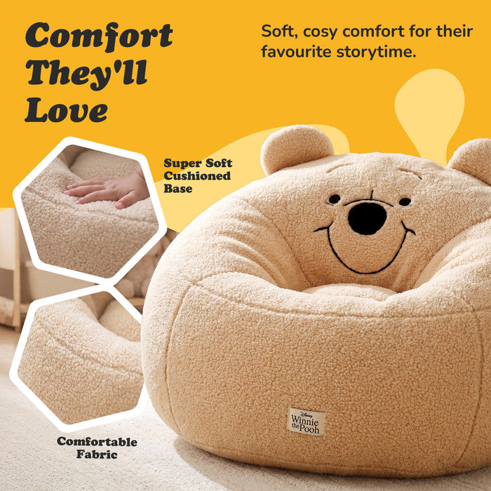 Close-up of the soft cushioned base and plush fabric on the Winnie the Pooh snuggle chair
