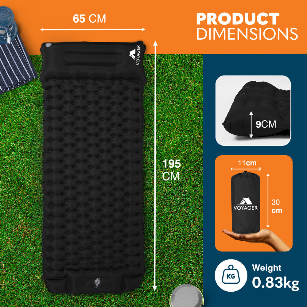 Black single camping sleeping mat flat lay – 195×65cm inflatable pad for backpacking and hiking UK