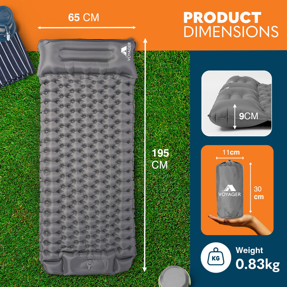 Grey single camping sleeping mat flat – 195×65×9cm ergonomic inflatable pad 0.83kg lightweight