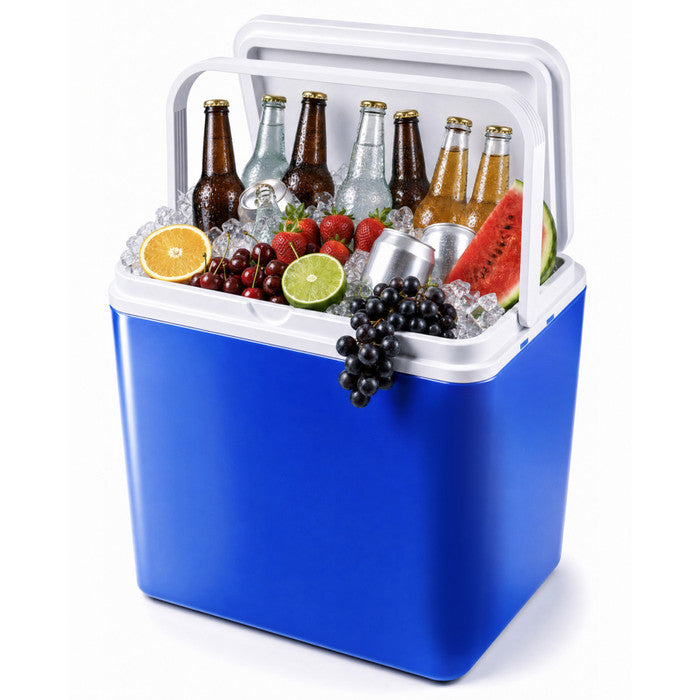30L insulated cool box packed with ice, drinks and fresh fruit for camping