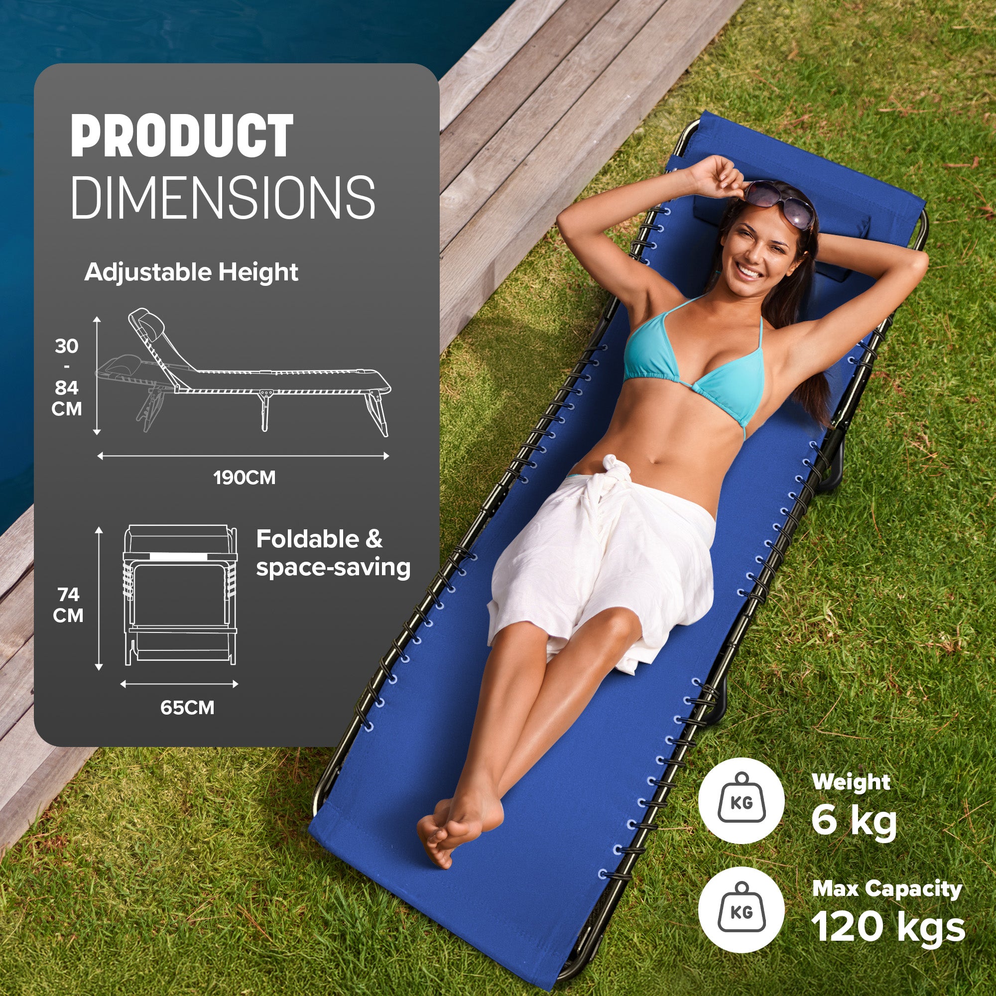 KEPLIN Foldable Recliner Sun Lounger - 600D Oxford Fabric - Adjustable Back and Leg Rests - Lightweight and Portable - Compact Space-Saving Design - Durable Outdoor Use - 190 x 65 x 30 cm