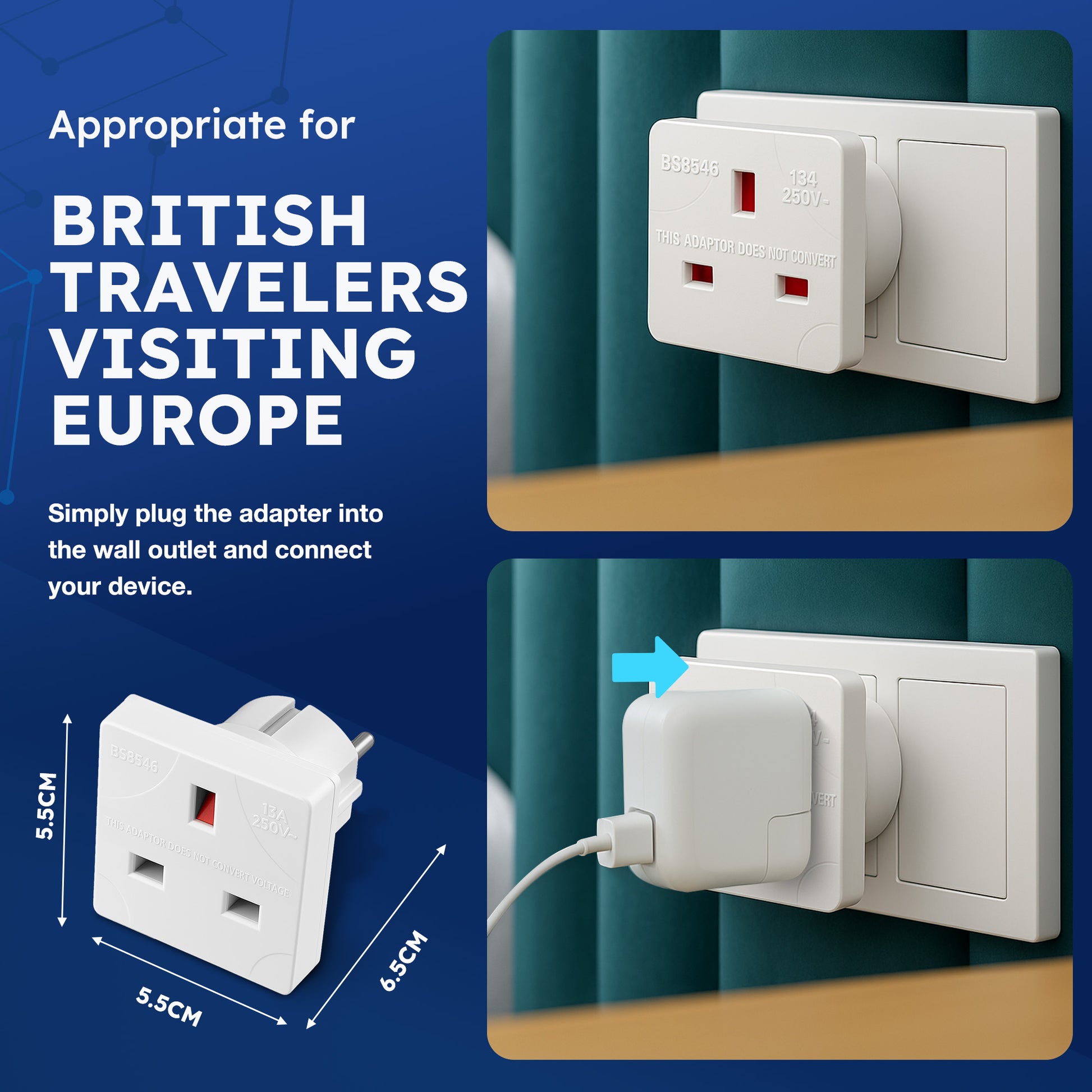 Desiretech - EU Travel Adaptor - 1 Pack - UK 3 Pin to EU 2 Pin Plug - 16A, 250V - Compact & Portable - CE Certified, Safe, Heat-Resistant - Travel Accessory for European Trips - White – image 2