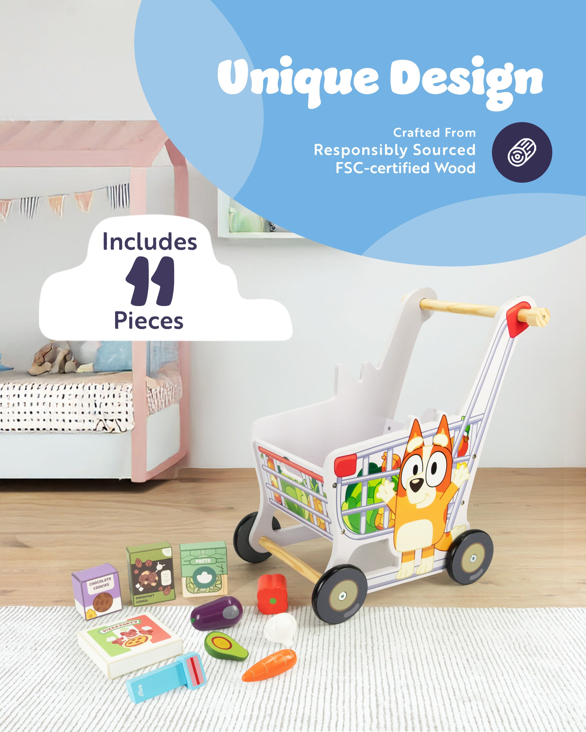 Bluey kids shopping cart with colourful play food – toddler roleplay toy