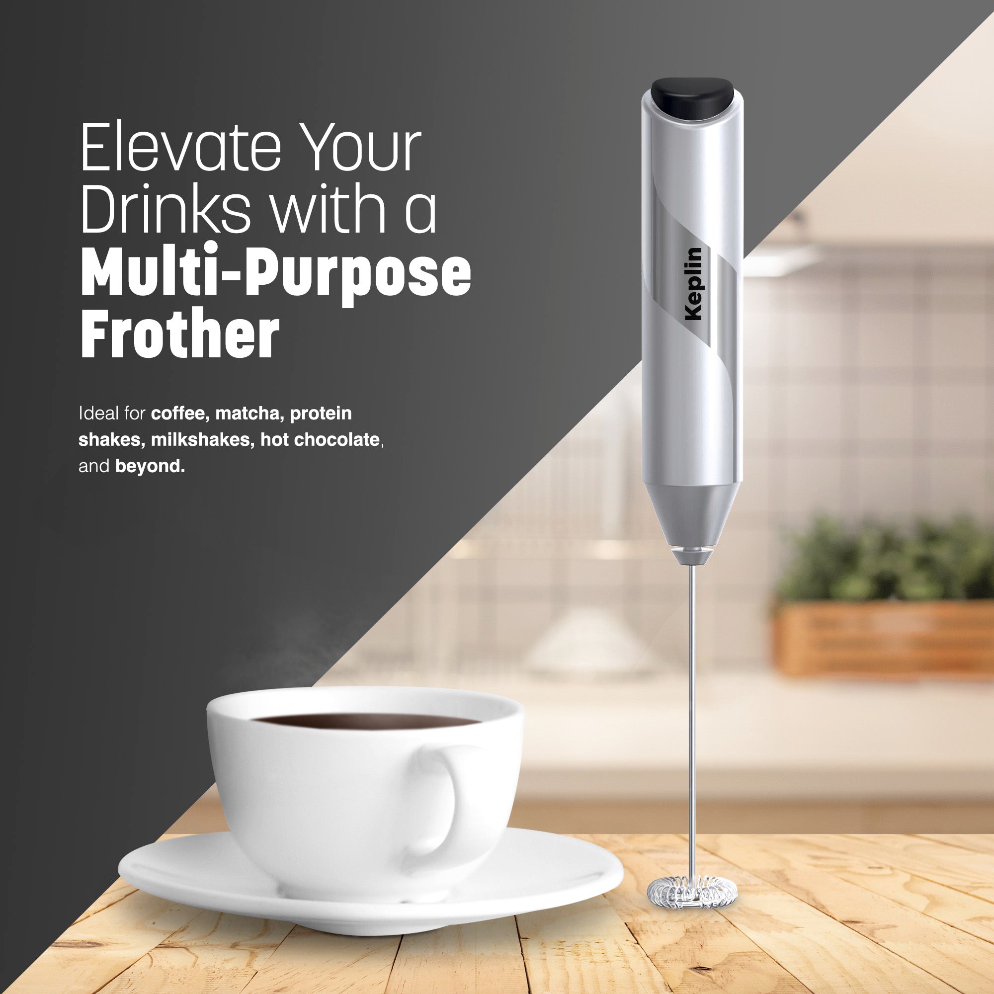 Keplin Milk Frother Handheld, Electric Milk Foam Maker with Stainless Steel Whisk, Hand Drink Mixer for Coffee, Battery Operated, Electric Stirrer Coffee Mixer Wand