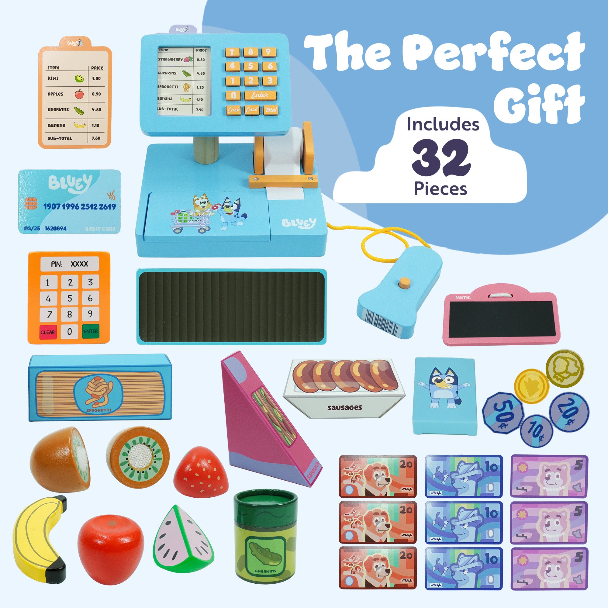 Bluey Cash Register. Press The Buttons to Hear Beeps, Sounds and Phrases From and Bingo, Use the Scanner to Scan Packages and Pretend to Run a Shop, Includes Toy Credit Card and Dollar Bucks!