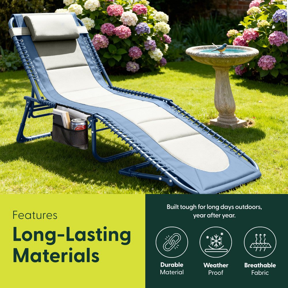 KEPLIN Foldable Sun Lounger Chair - Outdoor Garden Recliner with Color Block Design, 4 Position Adjustable Backrest, Padded 600D Oxford Fabric, Portable Patio Camping Deck Chair 110kg