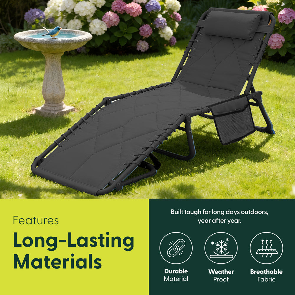 Dark Grey Quilted Sun Lounger – Padded Folding Outdoor Garden Recliner Chair by Keplin