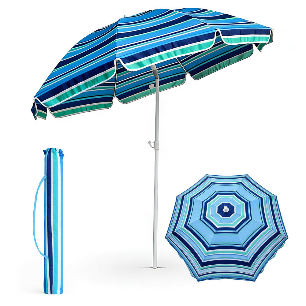 Voyager tilting beach umbrella 1.6m stripe – portable sun parasol with 6 ribs and 140gsm canopy, UK