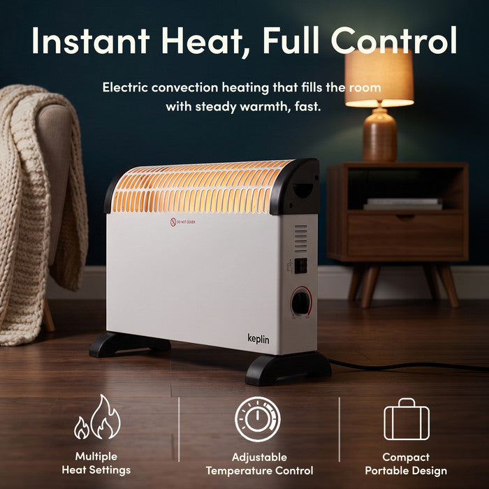 White convector heater glowing on in bedroom, instant electric convection heat