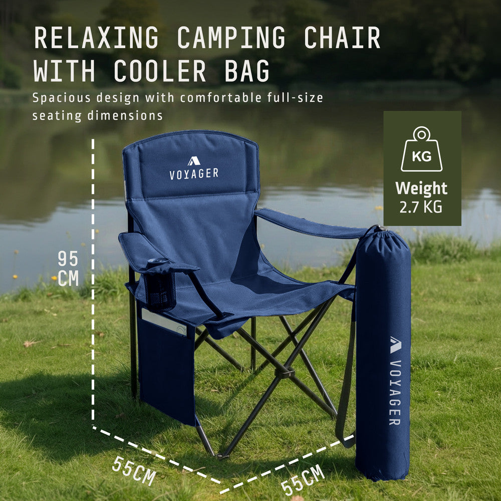 Navy padded camping chairs 2-pack with drinks holder – reinforced metal frame 95cm tall outdoor seating