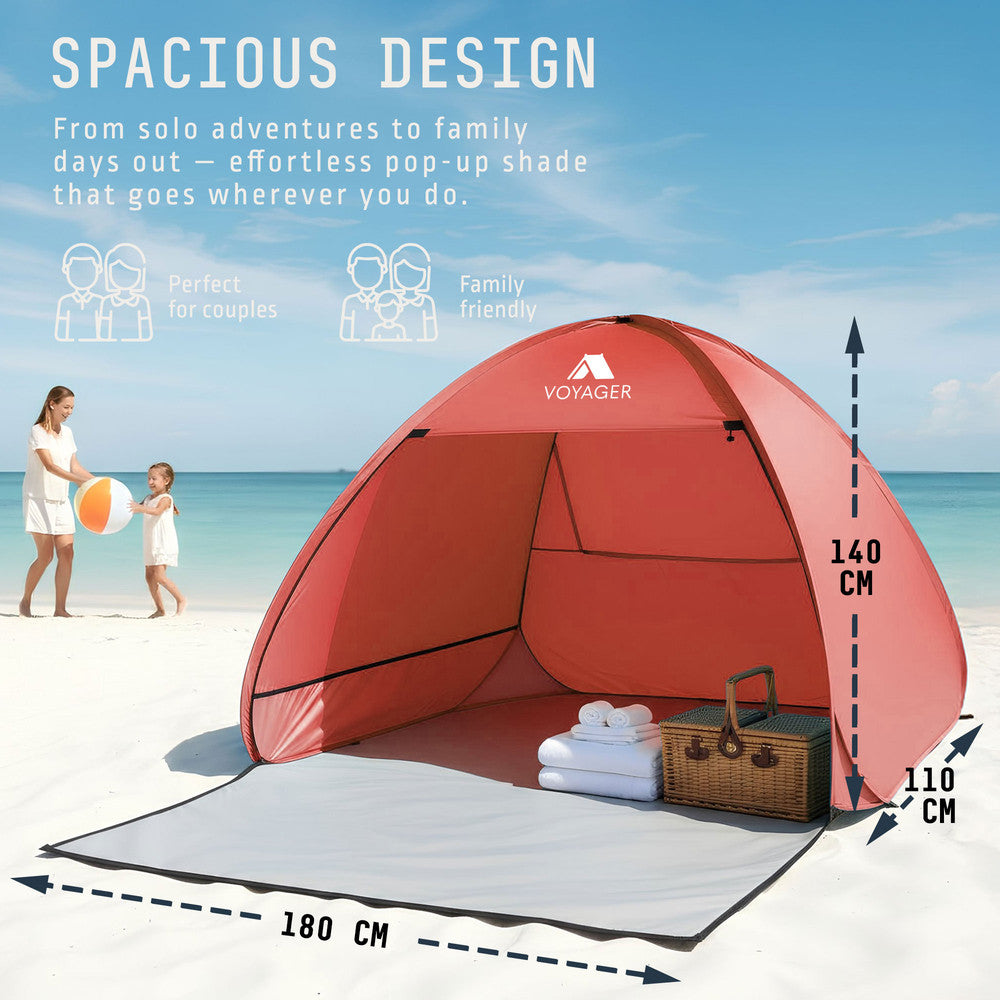 Voyager 2-person pop-up beach tent coral – UPF 50+ UV-blocking polyester fabric for sun protection