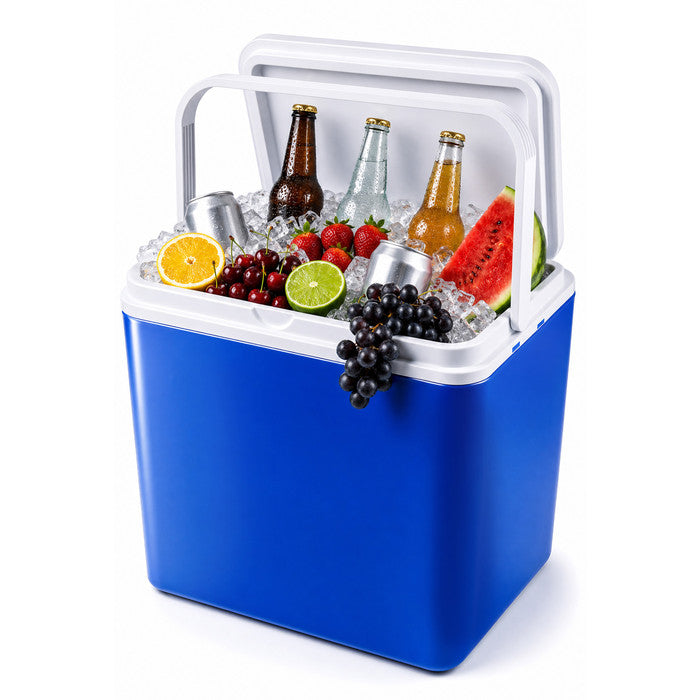 24L insulated cool box packed with ice, drinks and fresh fruit for camping