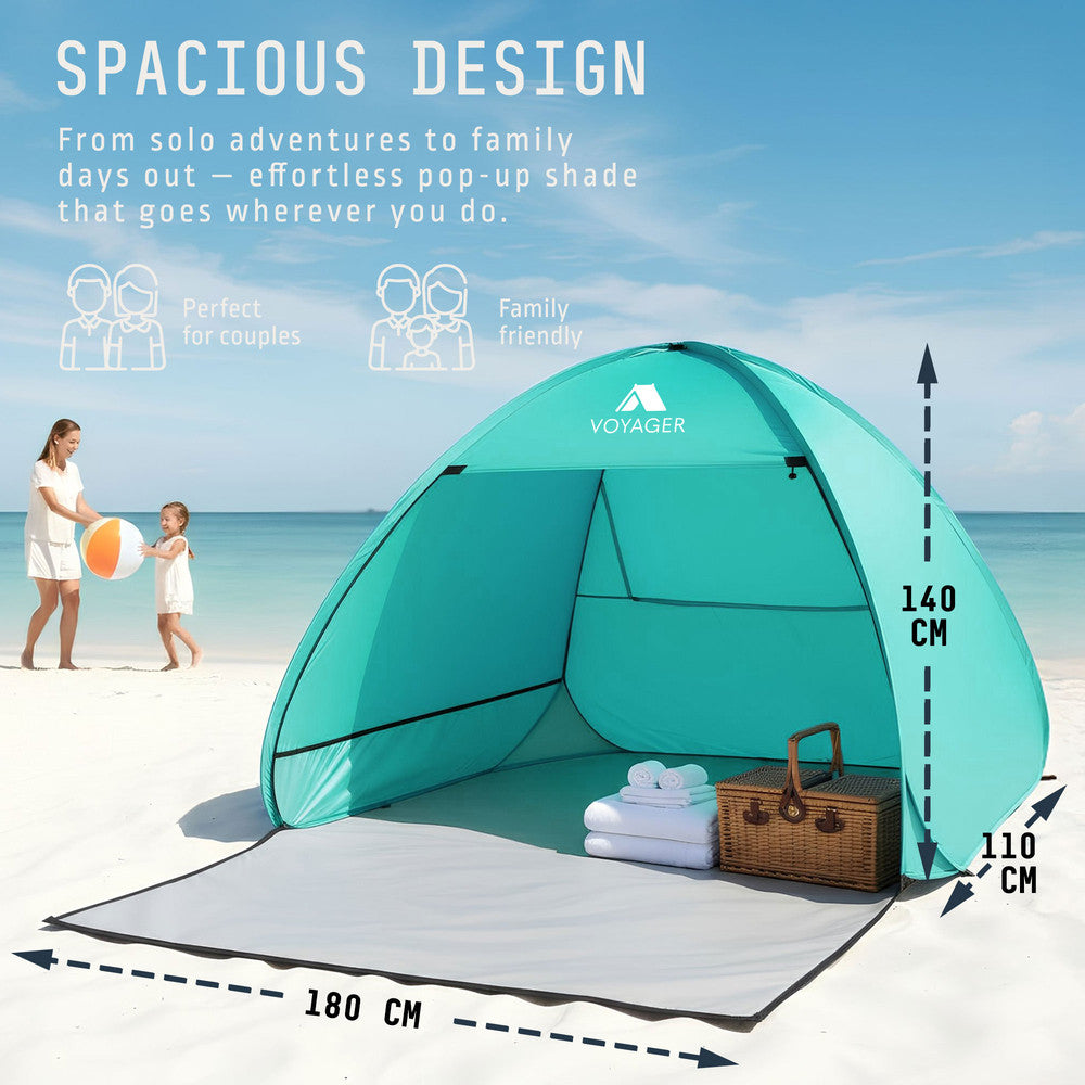 Voyager 2-person pop-up beach tent teal – UPF 50+ UV-blocking polyester fabric for sun protection