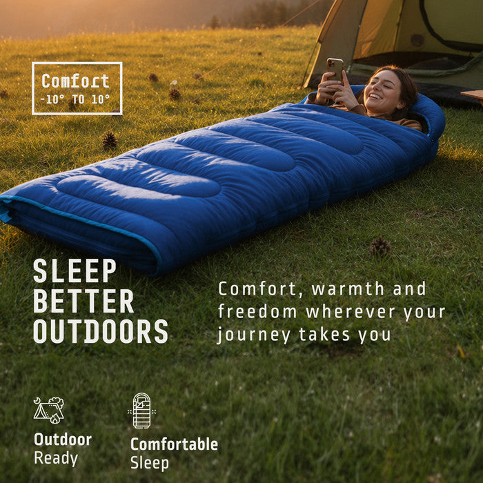 Ocean Haze camping sleeping bag open view – spacious interior adults sleeping bag for camping