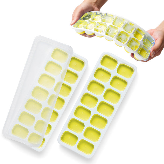 Keplin yellow silicone ice cube tray with non-spill lid, flexible 14-cube freezer mould, hands holding tray filled with clear ice cubes