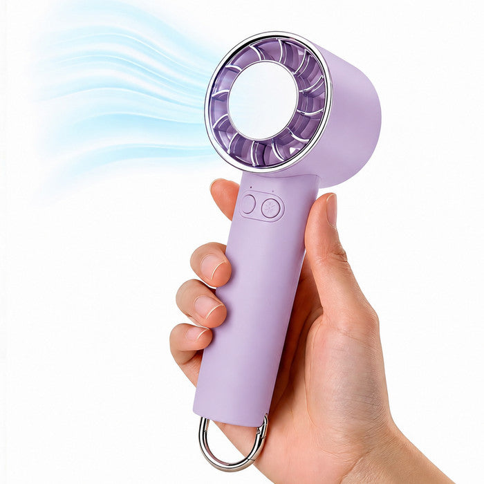 Lavender portable handheld fan with cooling plate held in hand