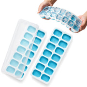 Keplin blue silicone ice cube tray with non-spill lid, flexible 14-cube freezer mould, hands holding tray filled with clear ice cubes