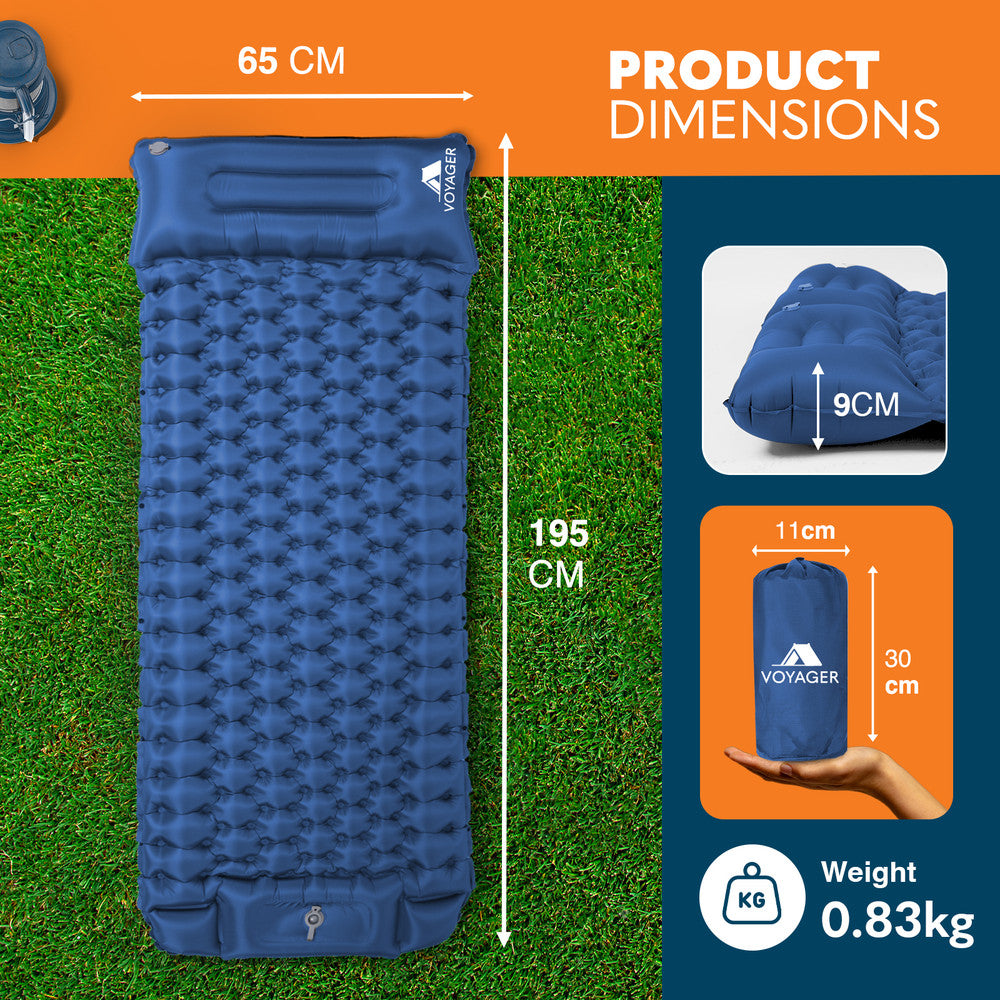 Blue single camping mat packed in carry bag – compact lightweight inflatable sleeping pad UK
