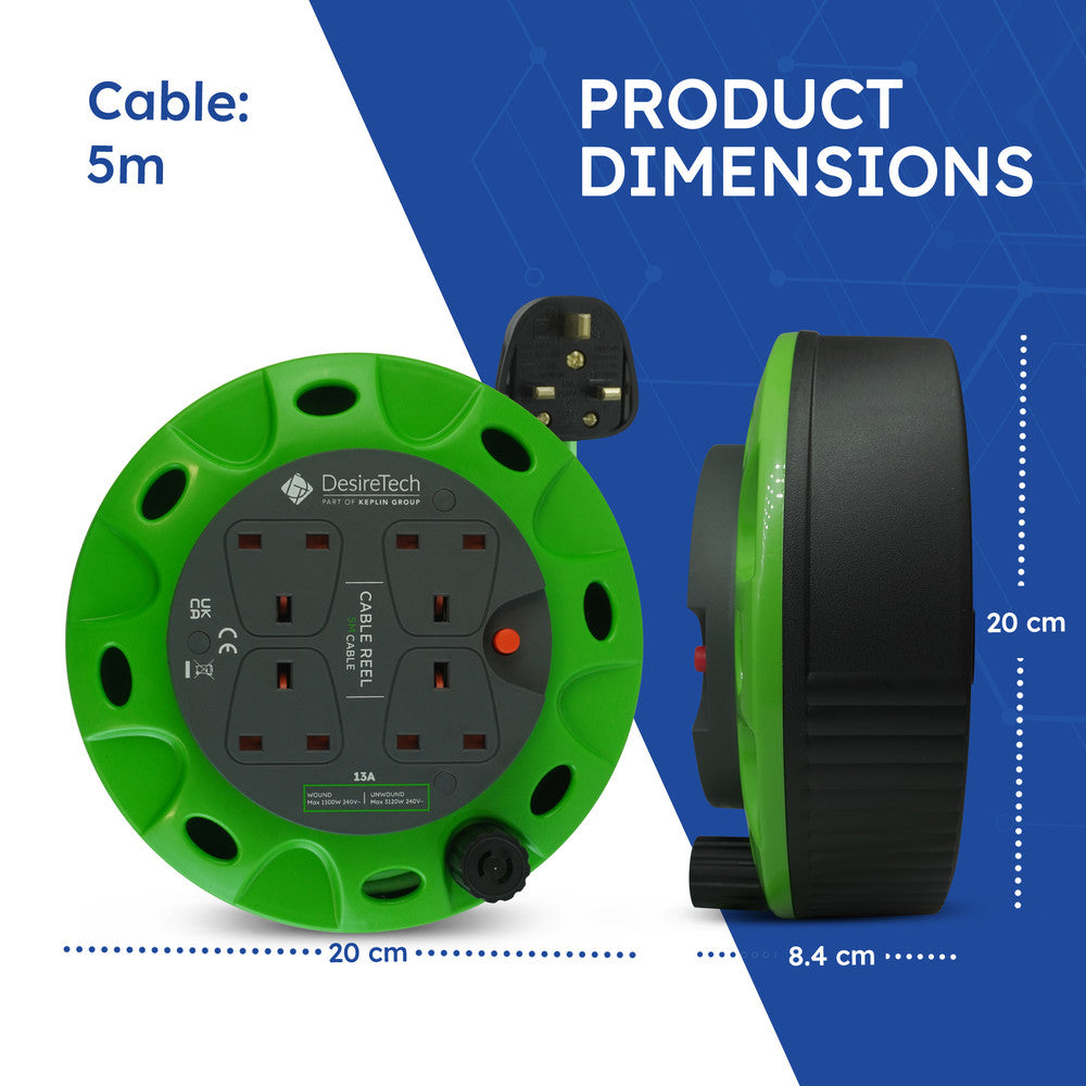 Desiretech Heavy-Duty Portable Cable Reel Extension Lead – 4 Shuttered Sockets, Thermal Cut-Out, Ergonomic Handle, Green/Black – Robust Extension Cord for Indoor Use – image 2