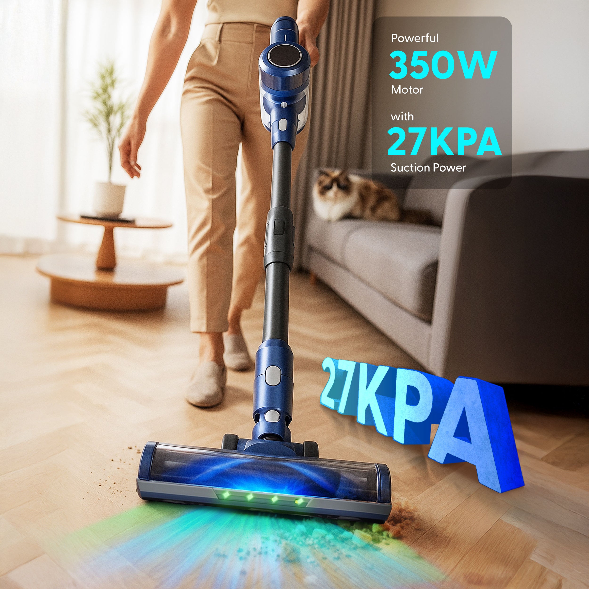 KEPLIN Cordless Vacuum Cleaner – 350W Power – 3-Speed Suction – Easy Reach Bendable Wand – LED Display – 25.9V 2500mAh Battery – 60 Min Runtime – Stick Hoover – Pet Hair – Carpet & Hard Floor Clean