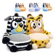 Officially licensed Bluey plush sofa chair for toddlers, zebra and leopard character designs