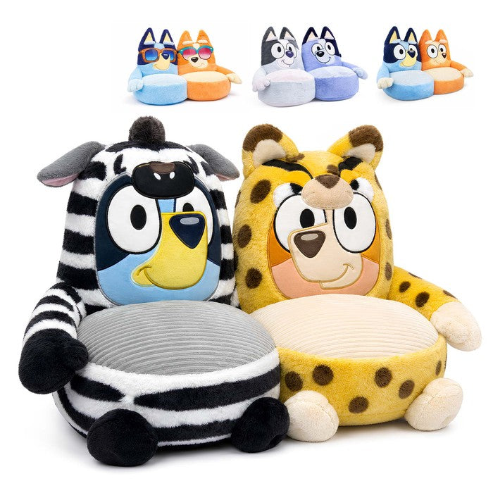Officially licensed Bluey plush sofa chair for toddlers, zebra and leopard character designs