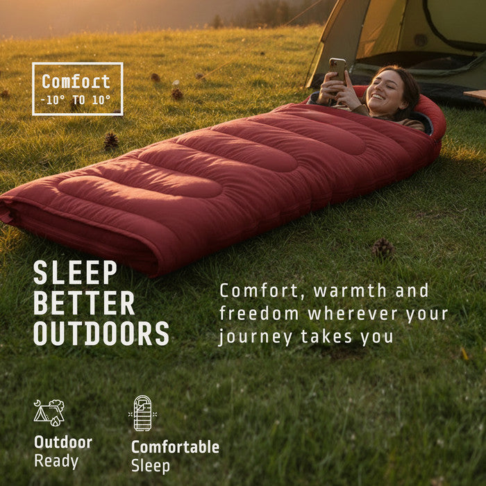 Red camping sleeping bag open showing lining – warm adults sleeping bag for camping and festivals