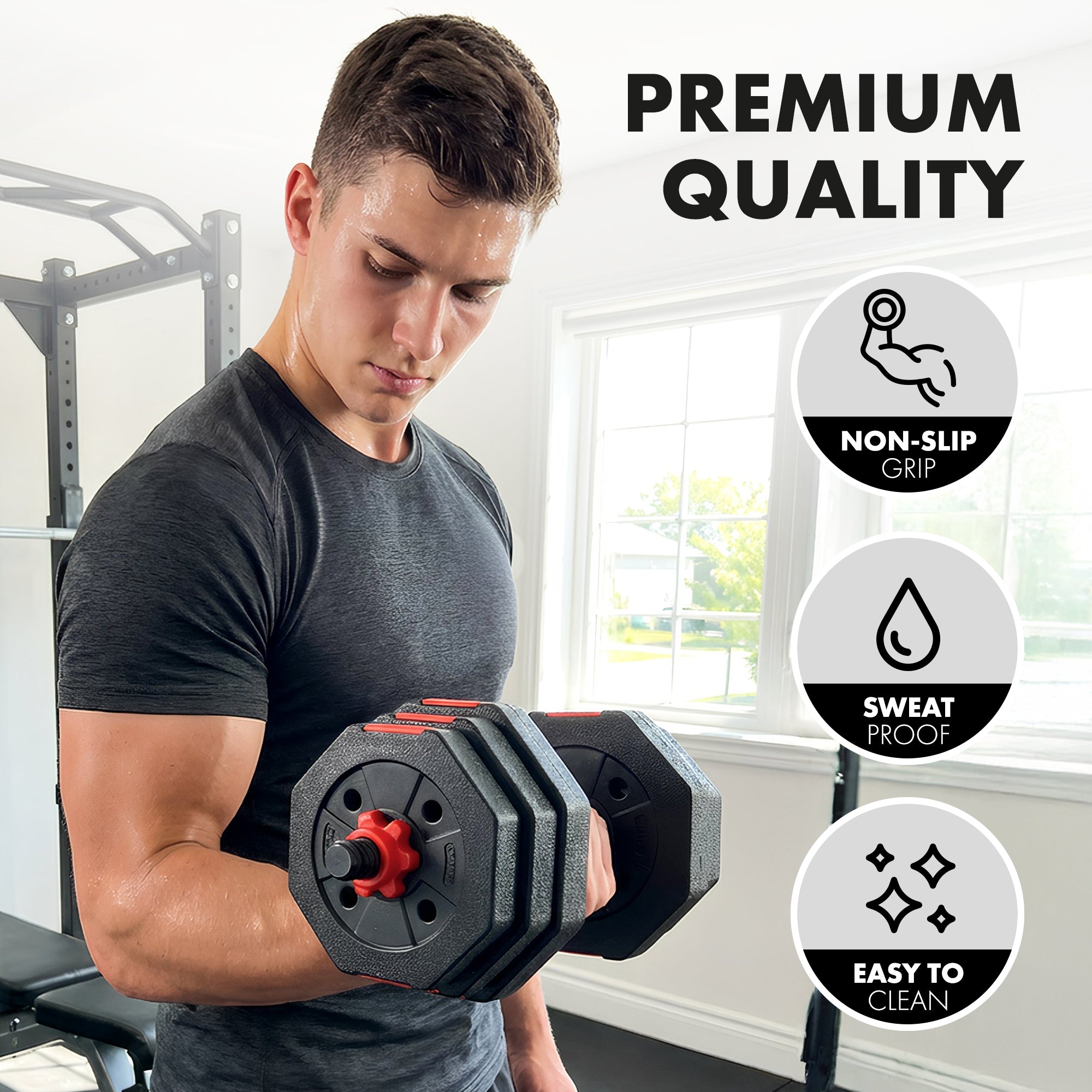 Kayman Adjustable Barbell Set - 20kg Total Weight with Non-Rolling Design, Adjustable Weights & Comfortable Grip - Training Equipment for Versatile Workouts at Home & Gym - Unisex (Black & Red)