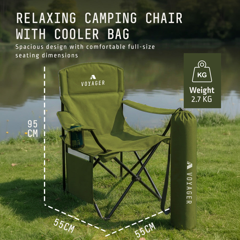 Green padded camping chairs 2-pack with drinks holder – reinforced metal frame 95cm tall outdoor seating