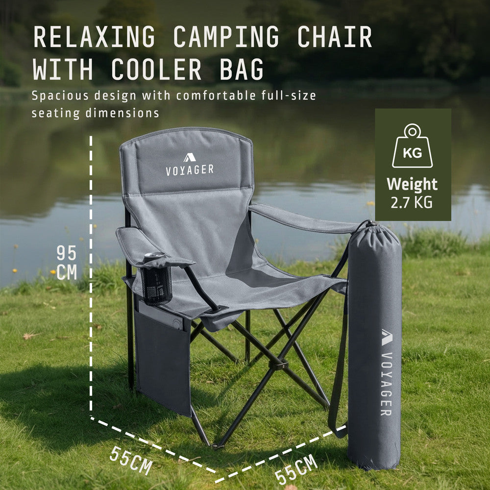 Grey padded camping chairs 2-pack with drinks holder – reinforced metal frame 95cm tall outdoor seating
