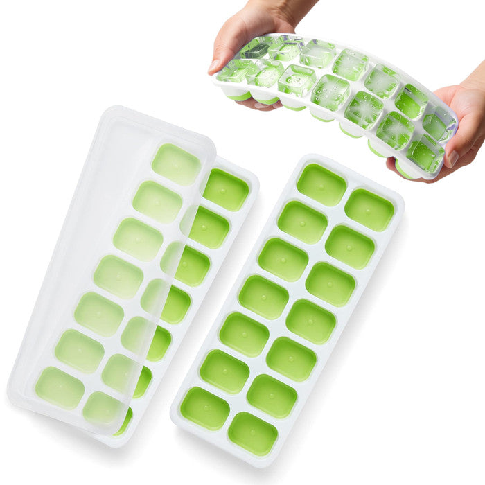 Keplin green silicone ice cube tray with non-spill lid, flexible 14-cube freezer mould, hands holding tray filled with clear ice cubes