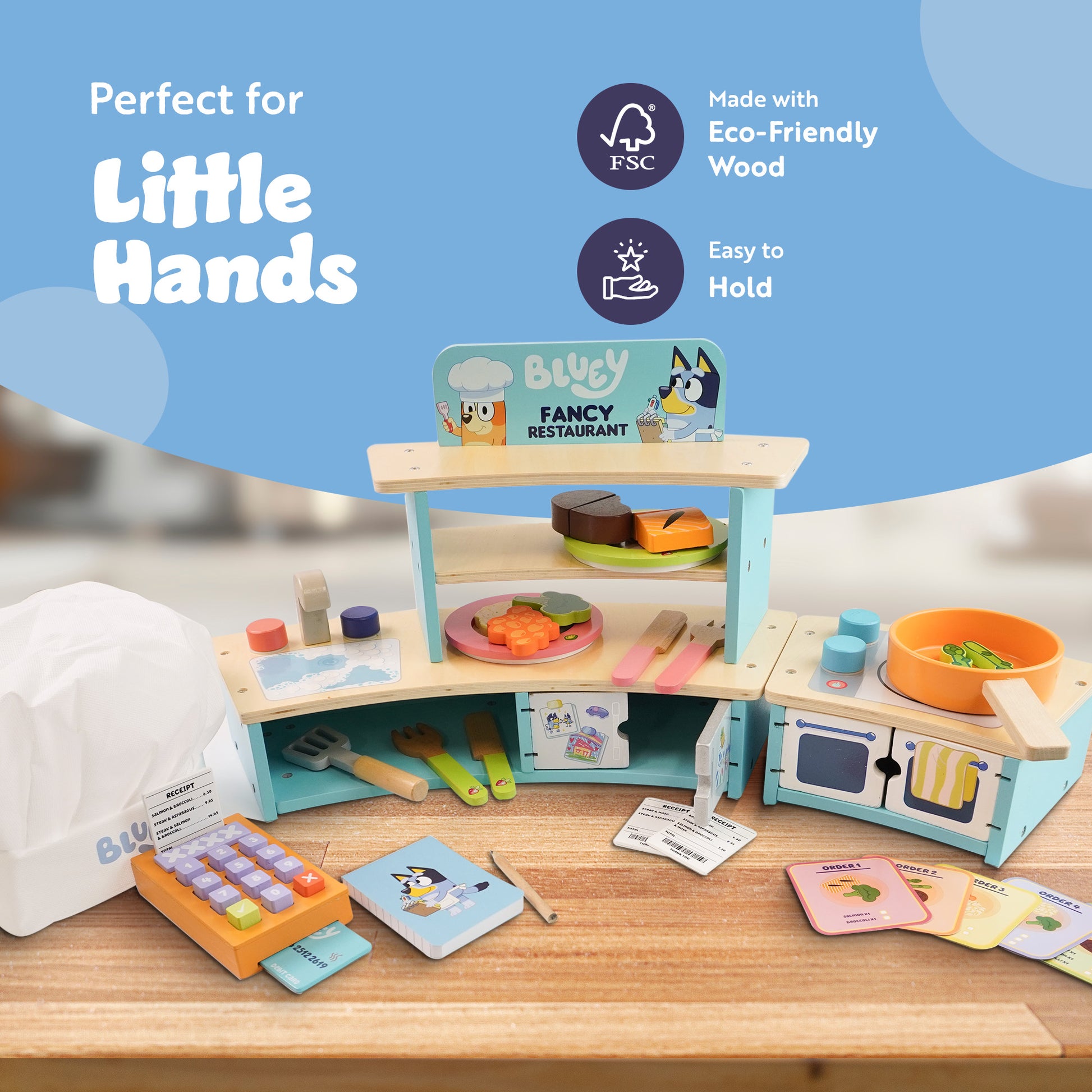 Bluey wooden restaurant playset with oven, sink and fridge – interactive pretend cooking and serving for kids
