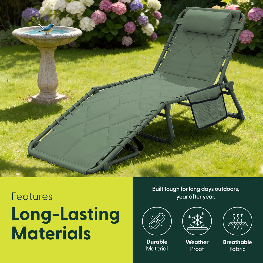 Green Quilted Garden Sun Lounger – Padded Folding Outdoor Recliner Chair by Keplin