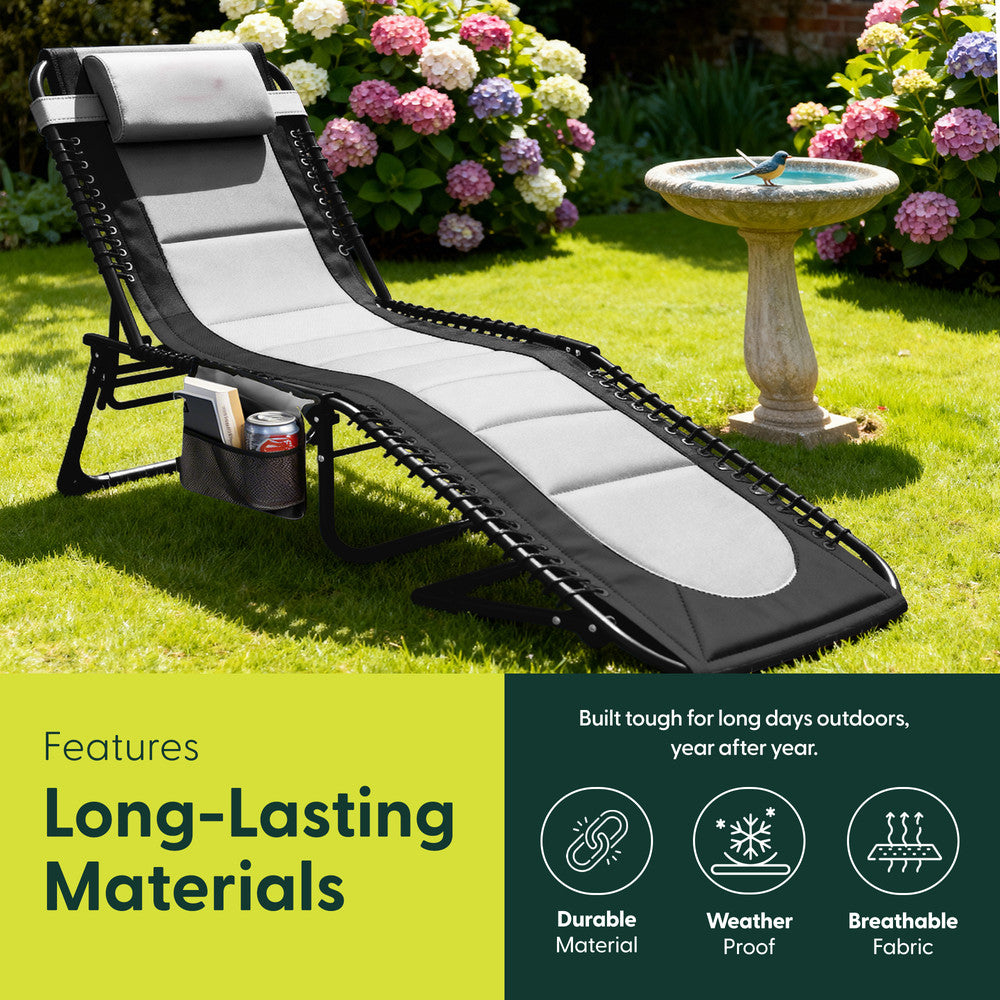 KEPLIN Foldable Sun Lounger Chair - Outdoor Garden Recliner with Color Block Design, 4 Position Adjustable Backrest, Padded 600D Oxford Fabric, Portable Patio Camping Deck Chair 110kg